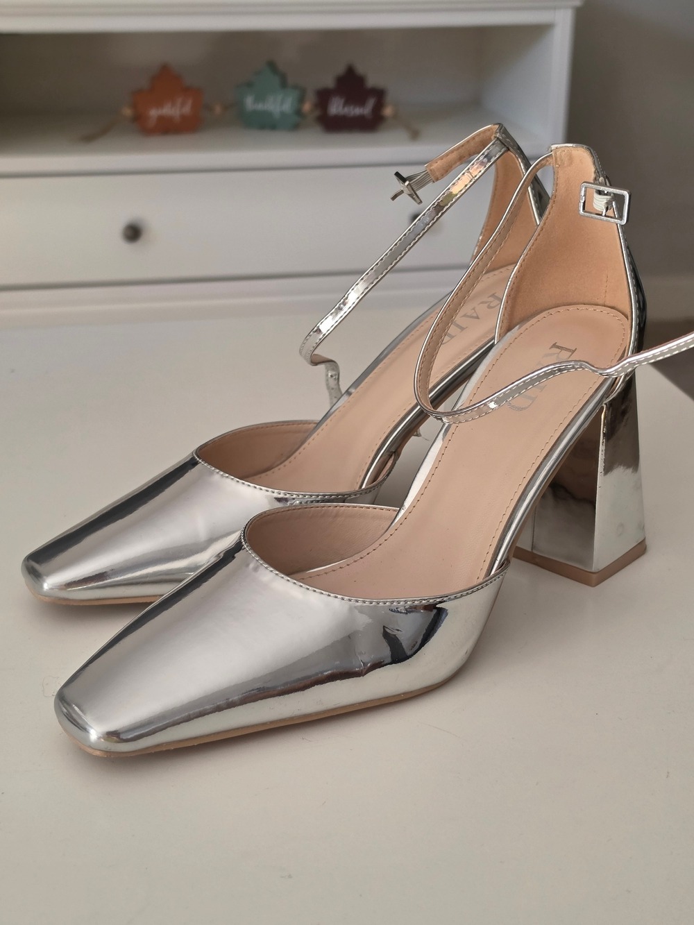 Raid Silver Metallic Block Heel Ankle Strap Pumps - Women